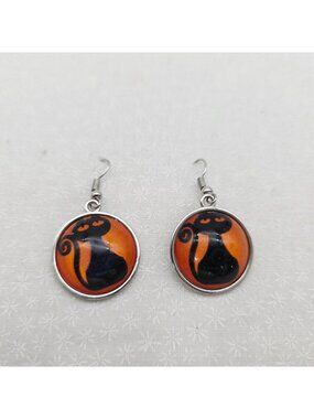 Black Cat Halloween Dangle Earrings Orange Background Round